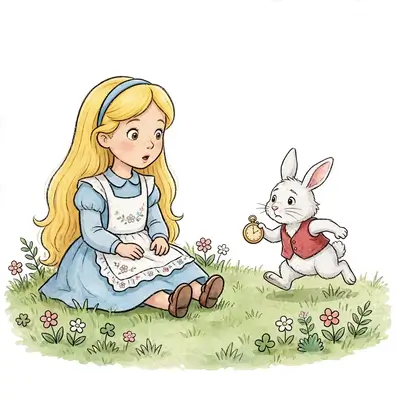 Illustrazione della storia di Alice nel Paese delle Meraviglie con Alice bionda con il vestito azzurro seduta sul prato che guarda stupita il Bianconiglio mentre corre con il gilet rosso e l'orologio da taschino in mano