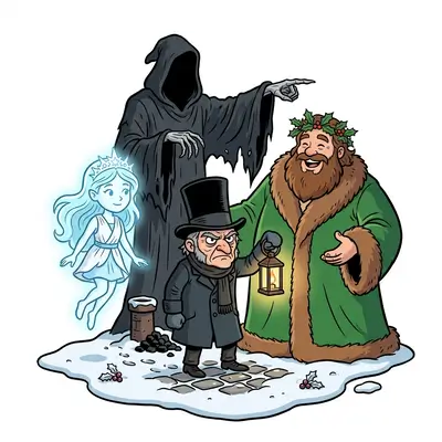Illustrazione del Canto di Natale con Ebenezer Scrooge al centro con la lanterna circondato dai tre Fantasmi del Natale Passato, Presente e Futuro