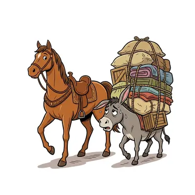 Illustrazione della favola de Il cavallo e l'asino con un cavallo marrone fiero e senza pesi che cammina accanto a un asino grigio affaticato, sudato e carico di sacchi e bagagli pesanti