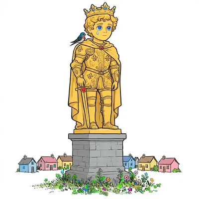 Illustrazione della storia de Il principe felice con la statua dorata del principe che piange su un piedistallo di pietra e una piccola rondine appoggiata sulla sua spalla con le case sullo sfondo
